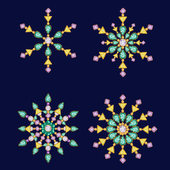 Blue background Watercolor Christmas snowflake crystal set. Beautiful bright colors jewelry decoration. Fashion brilliant stones, rhinestones. New Year greeting card design concept. Four snowflakes