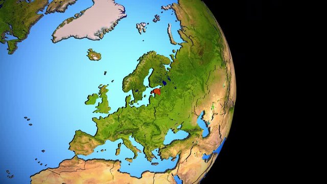 Closing in on Estonia on political 3D globe with topography. 3D illustration.
