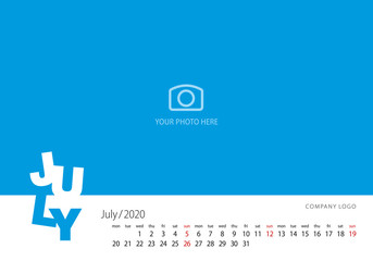 Calendar 2020 New Year July modern template blue background