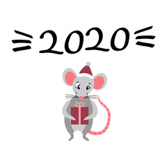 Cute cartoon rat with New Year present and lettering. 2020 greeting card with mascot. Flat vector illustartion.