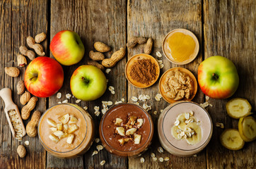 peanut butter smoothie with milk, chocolate, apples, banana and oats