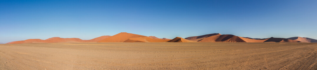 Fototapeta na wymiar Panorama der roten Sanddüne im Sossusvlei in der Wüste Namib in Namibia, Afrika