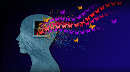 Graphic abstract of dreamlike butterflies flowing from iconic open window in mind