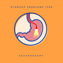 Stomach problem icon. Stomach gastroscopy study. Linear icons in a circle. Medicine pictures.