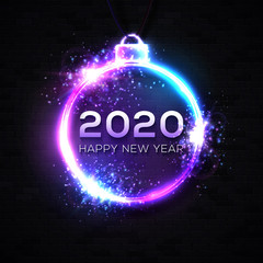 2020 Happy New Year background. Neon text confetti particles. Celebration party banner. Circle decoration bauble design template for seasonal flyer greeting card. Light 3d bright vector illustration.
