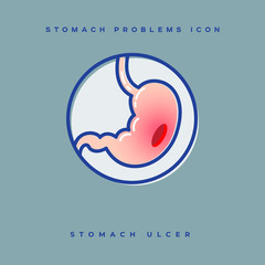 Stomach problem icon. Stomach ulcer. Linear icons in a circle. Medicine pictures.