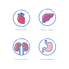 Health organs. Happy human organs. Heart. Liver. Kidneys and Stomach. Kavaii style.