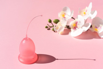 Pink menstrual cup and white orchid branch on a pink background. Women's Health and Zero Waste Concept. Minimalism