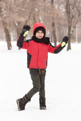 Winter portrait of a boy in a beautiful snowy winter park