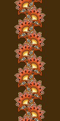 Seamless vertical border with abstract flowers and petals in shape of paisley on dark background. Print for fabric.