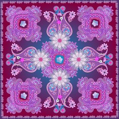 Square carpet or beautiful shawl in vintage style with mandala and paisley. Ethnic motifs.