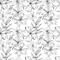 Vector Tropical flowers and leaves isolated. Black and white engraved ink art. Seamless background pattern.