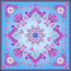 Bandana print in fantasy indian style with mandala and paisley on blue background.
