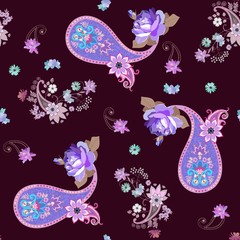 Fantasy seamless pattern with lilac rose and paisley on dark background. Luxury print for fabric.