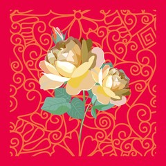 Beautiful card with light yellow roses on decorative red background.