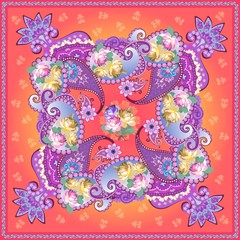 Doily or bandana print with bouquets of rose flowers and paisley on bright orange background. Indian, russian motifs. Ethnic style.