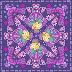 Silk scarf in ethnic style with yellow rose flowers and paisley on  purple background. Indian, russian motifs.