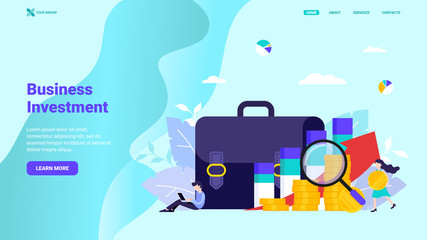 Business investment landing page template. Investment solutions, profit, business success flat vector illustration concept for site, banner, hero image. Modern vector illustration with characters