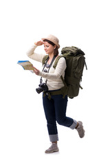 Aged female tourist isolated on white