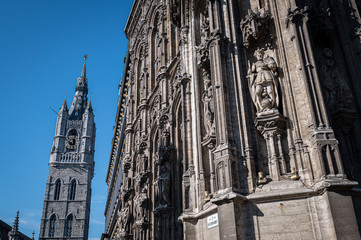 The Belfry and carvings on St Bavo's Cathedral in Gent, Belgium