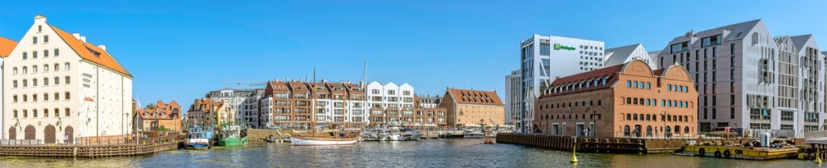 Panoramic view of Motlawa river and architecture of Gdansk, Tricity, Pomerania, Poland