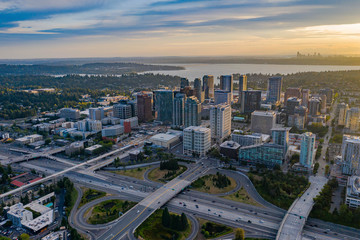 Drone shot of the city of Bellevue from above