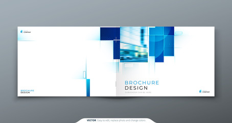 Blue Horizontal Cover Template Layout Design. Corporate Business Horizontal Brochure, Annual Report, Catalog, Magazine, Flyer Cover Mockup. Creative Modern Bright Cover Concept with Square Shapes