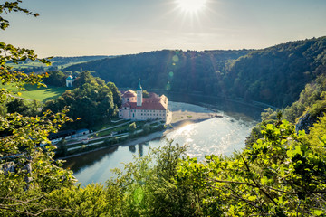 Aerial view on Weltenburg Abbey - Kloster Weltenburg. This landmark is a Benedictine monastery in...