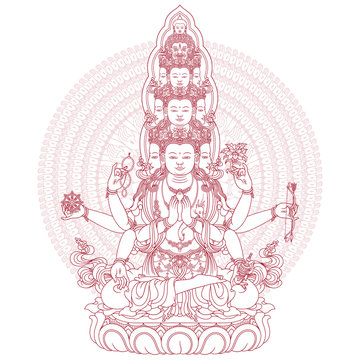 Thousand hands god Guanyin outline vector illustration