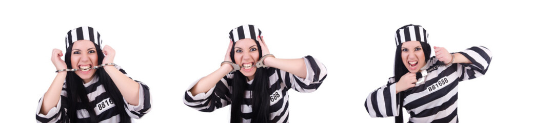 Prisoner in striped uniform on white