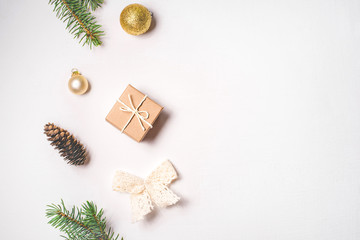Pattern of Christmas decorations on white background. Flat lay, top view. Copy space for your text.