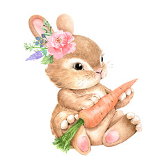 cute bunny with a flower on his head and a carrot, watercolor illustration