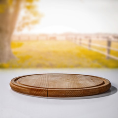 Autumn table background. Empty space for products and decoration.
