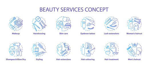 Beauty services concept icons set. Beauty salon, SPA skin care procedures idea thin line illustrations. Hairdresser and makeup. Blue gradient vector isolated outline drawings. Editable stroke