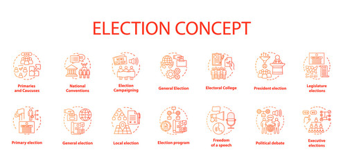 Election concept icons set. Political campaign and propaganda idea thin line illustrations. President elections. Public opinion and voting. Vector isolated outline drawings. Editable stroke