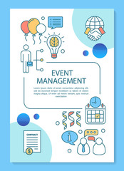 Event management & planning poster template layout. Corporate party. Business meeting. Banner, booklet, leaflet print with linear icons. Vector brochure page layouts for magazines, advertising flyers