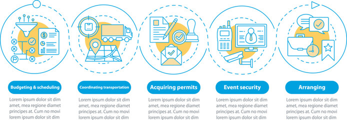 Event planning infographic template. Budgeting and scheduling, arranging, transportation. Data visualization with five steps and options. Process timeline chart. Workflow layout with linear icons