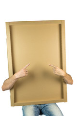 man with cardboard box in hands, free space for text, White isolated background