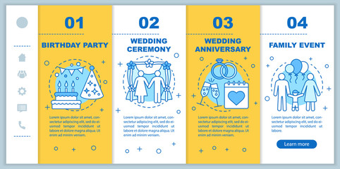 Event management & planning services onboarding mobile web pages vector template. Birthday party, wedding ceremony. Responsive smartphone website interface idea with linear illustrations