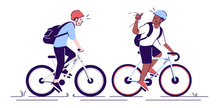 cyclists riding bikes, waving, flat design clip art preview
