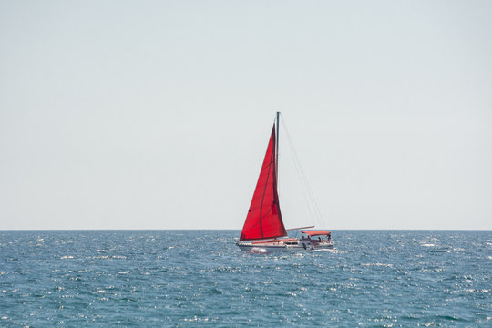 Red sail boat floating in sunny day