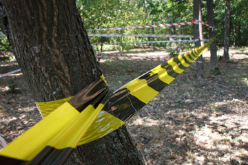Yellow and black hazard tapes around the incident area in the park, selective focus