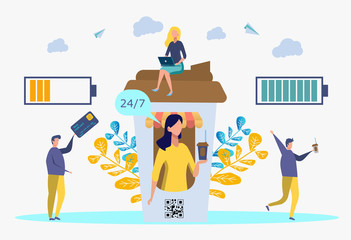 Coffee to support energy in the human body. Caffeine stimulating effect. Coffee break, low energy, fatigue and energy boost. Colorful vector illustration.