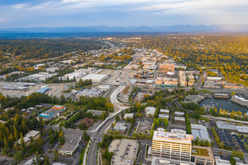 Drone shot of the city of Bellevue from above