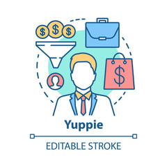 Yuppie concept icon. Business person idea thin line illustration. Top manager. Office worker. Young urban professional, businessman. Vector isolated outline drawing. Editable stroke