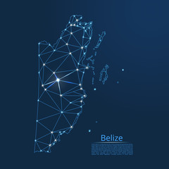 Belize communication network map. Vector low poly image of a global map with lights in the form of cities in or population density consisting of points and shapes in the form of stars and space.