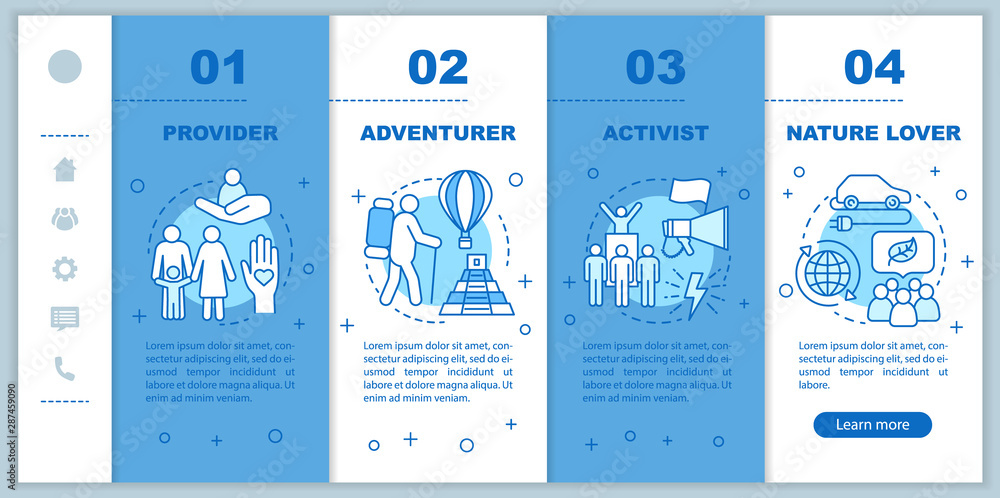 Poster lifestyle types onboarding mobile web pages vector template. nature lover. responsive smartphone web