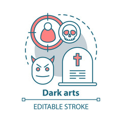 Dark arts concept icon. Occultism and witchcraft idea thin line illustration. Black magic, necromancy. Gravestone, devil and target with skull vector isolated outline drawing. Editable stroke