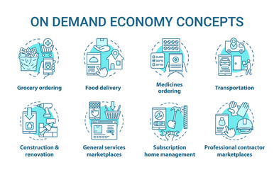 Fototapeta premium On demand economy, e commerce concept icons set. Commercial services industry idea thin line illustrations. Modern business. Online marketplace app vector isolated outline drawings. Editable stroke