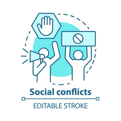 Social conflicts and disputes concept icon. Antisocial behaviour, violence and unrest idea thin line illustration. Riot, strike, civil protest. Vector isolated outline drawing. Editable stroke